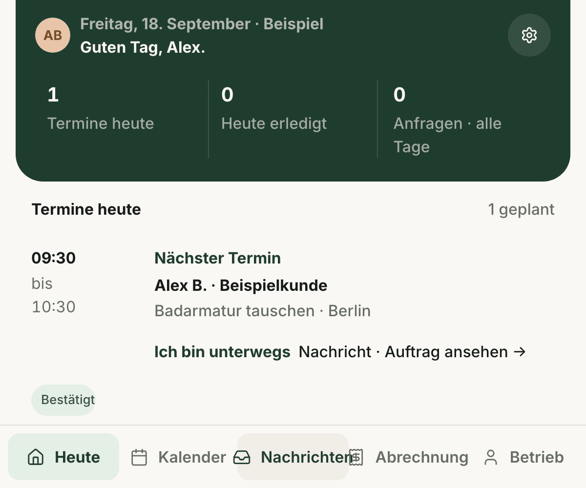 FindMeister-Betriebsbereich: Tagesübersicht mit Termin, Auftrag und nächster Aktion. Fiktive Beispieldaten.